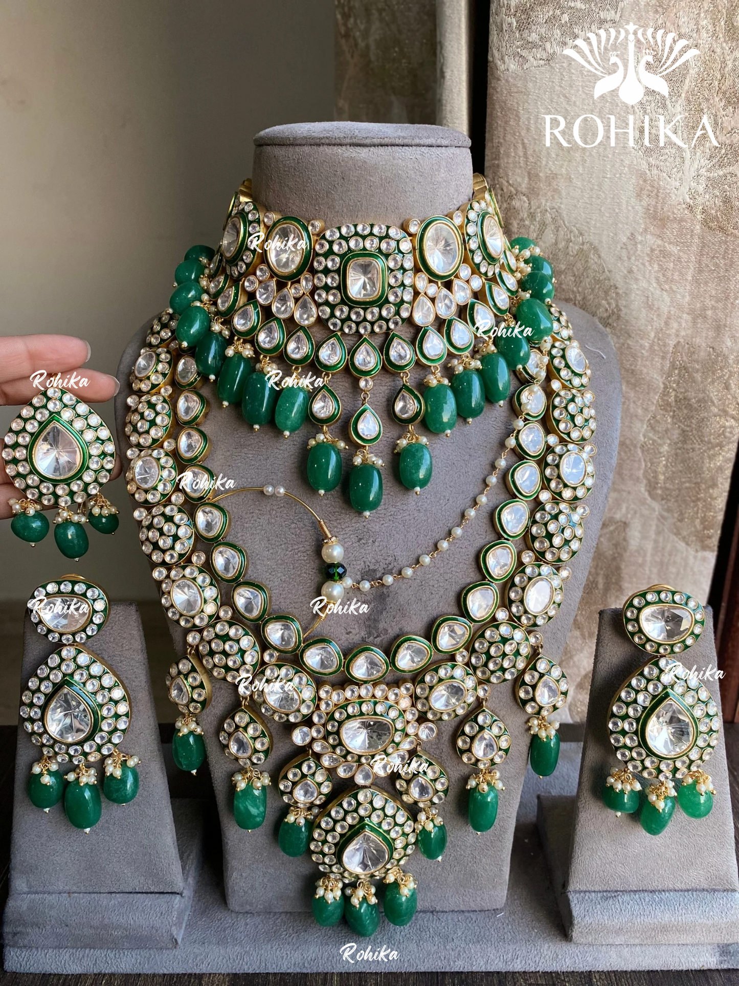 Agneya polki kundan bridal combo set - Dark Green