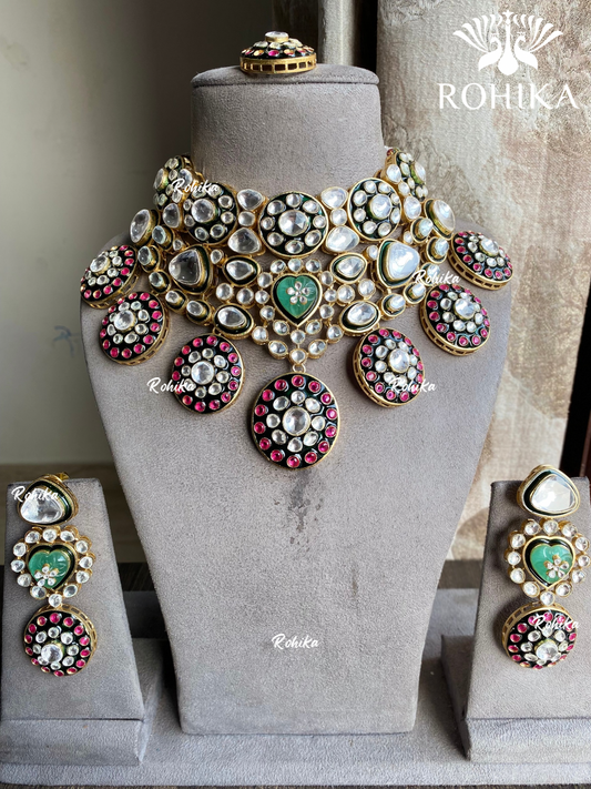 Raima bikaneri polki kundan choker set - Mint green and pink