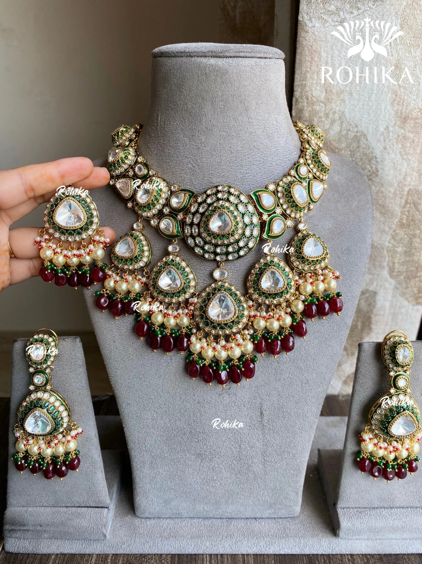 Pragati Polki Kundan Necklace Set - Green & Red