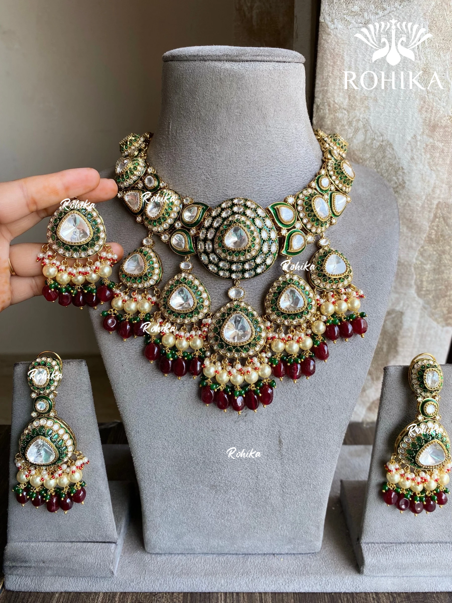 Pragati Polki Kundan Necklace Set - Green & Red