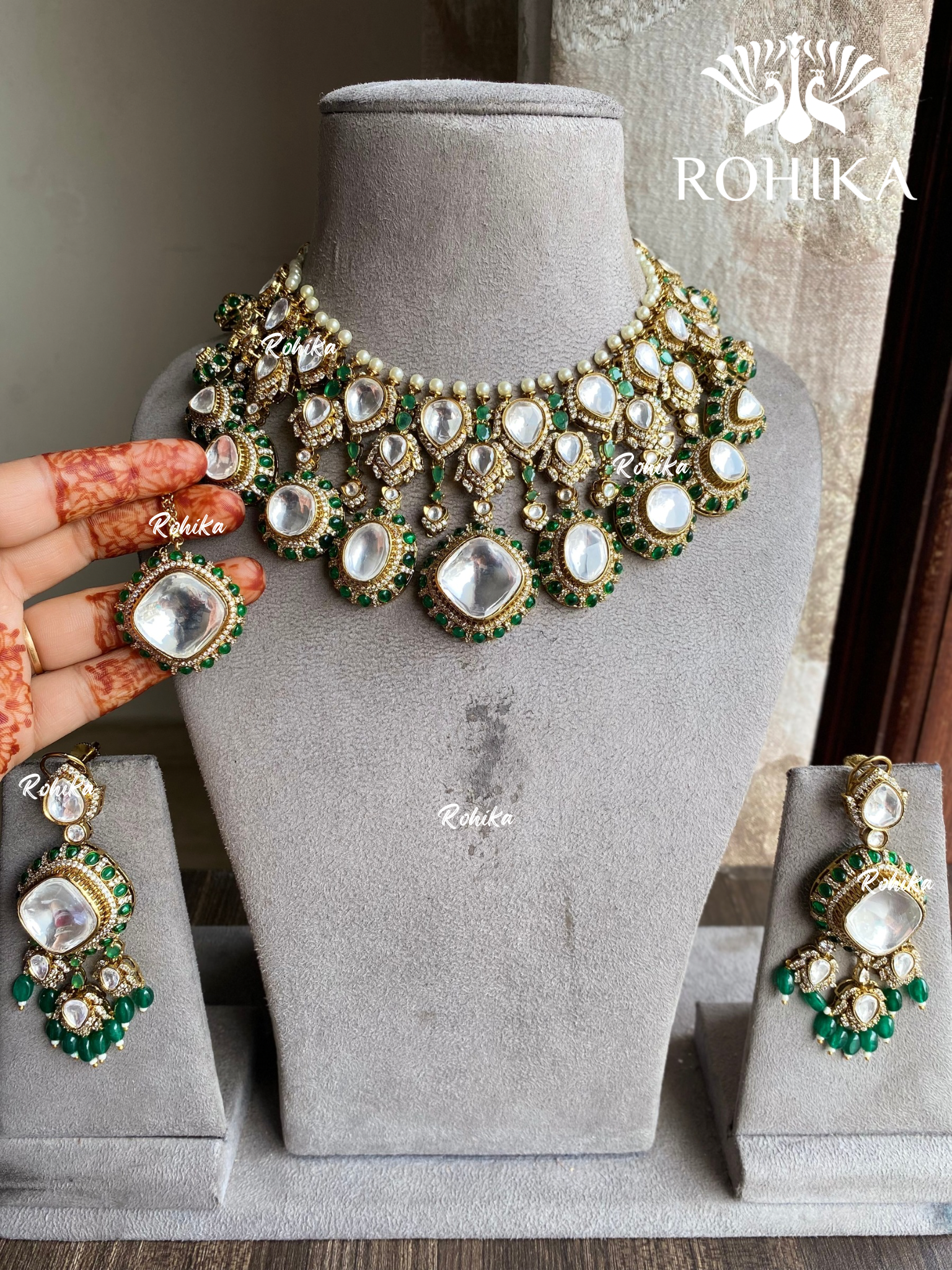 Rashmika polki kundan necklace set - Green