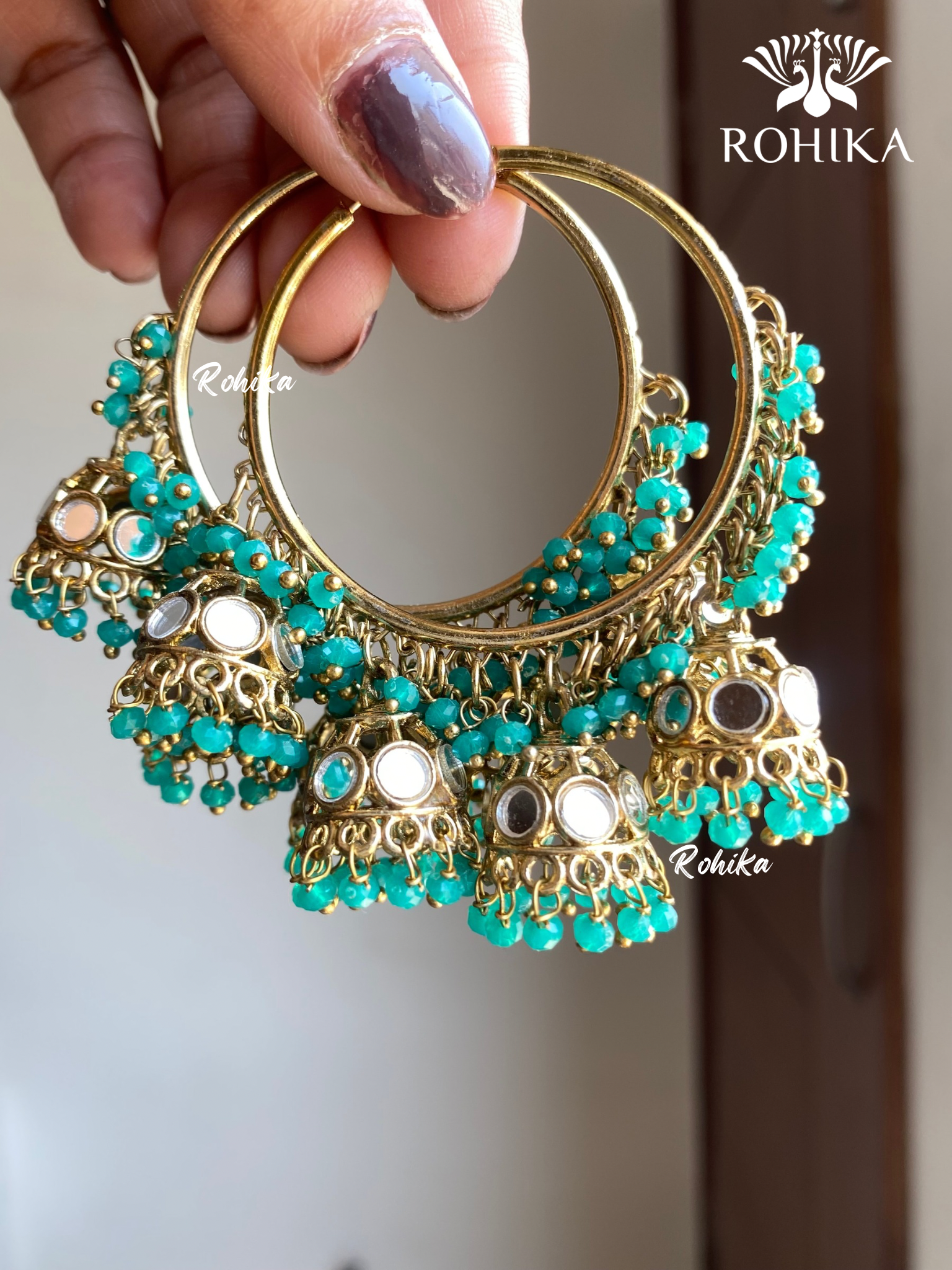 Leena mirror jhumki bali earrings - Dark green