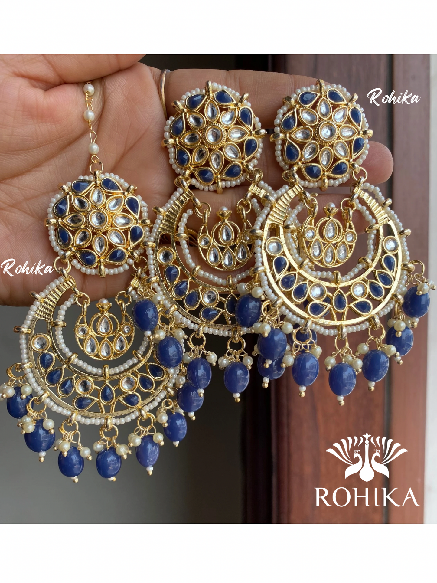 Karina earrings and maangtikka combo - Dark blue