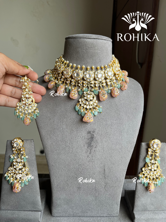 Mala polki kundan necklace set - Peach