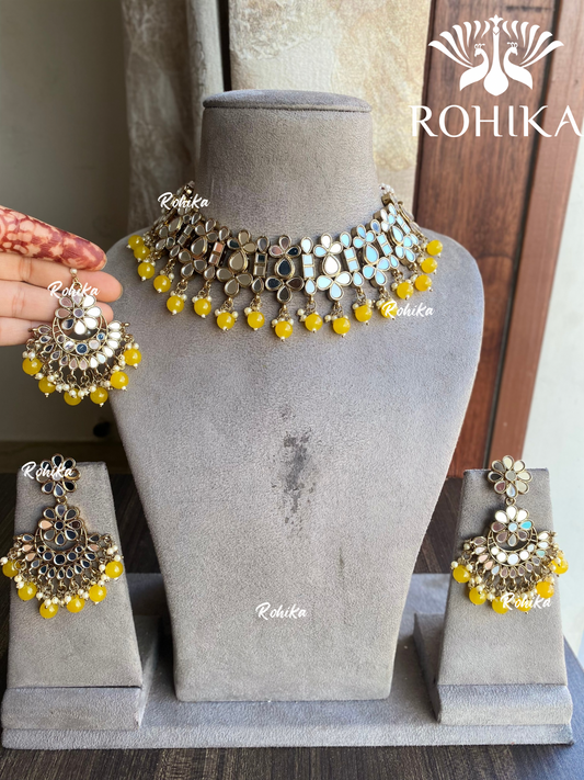 Harsita mirror necklace set - Yellow