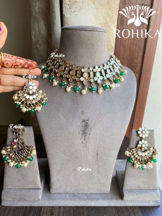 Harsita mirror necklace set - Green and white