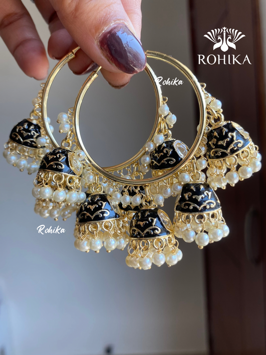 Neena meenakari jhumki bali earrings - Black