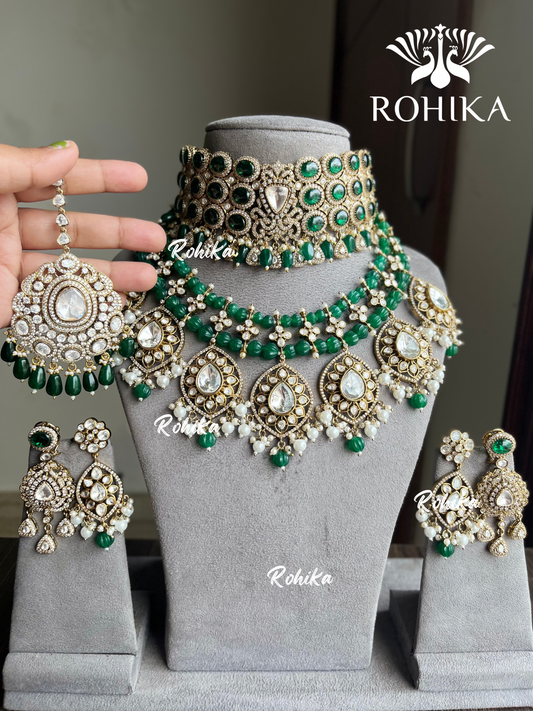 Mahua designer polki kundan bridal combo - Green