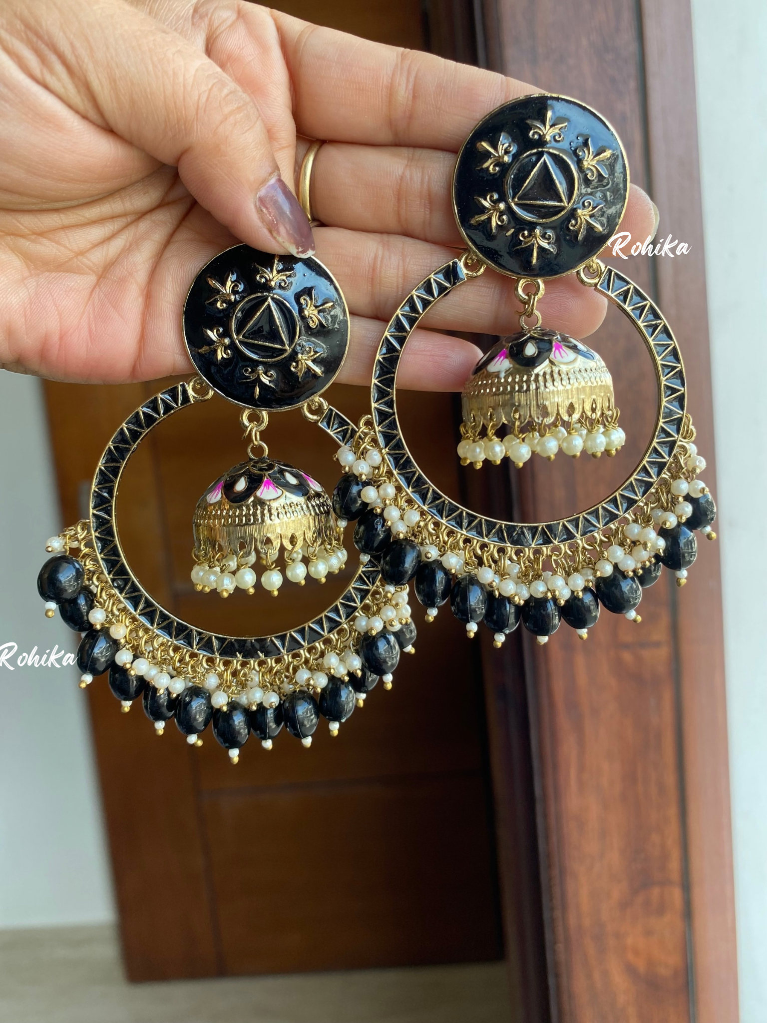 Sonal meenakari chandbali earrings- Black