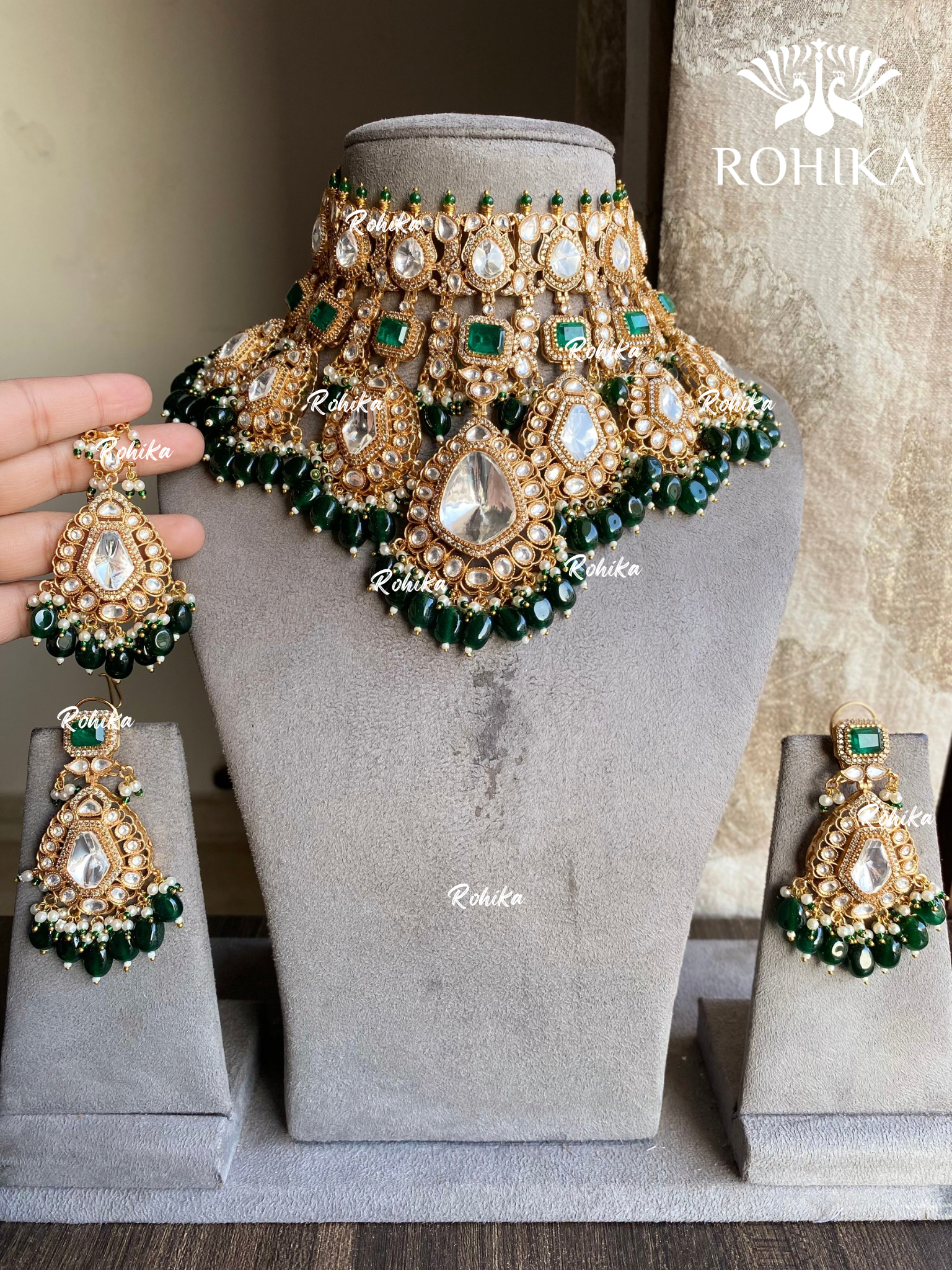 Indrani moisanite bridal necklace set - Dark Green