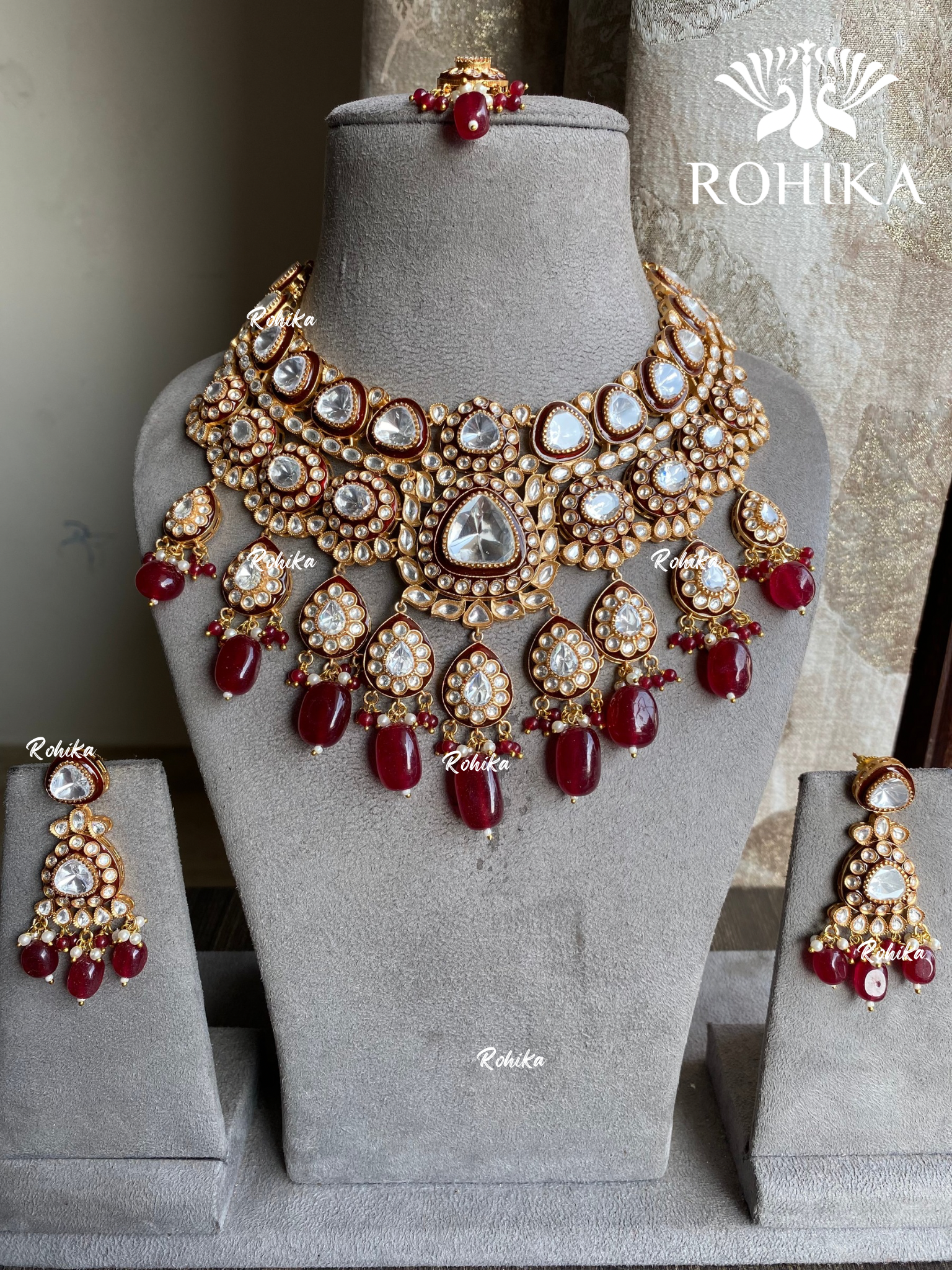 Aarushi bikaneri kundan bridal necklace set - Red