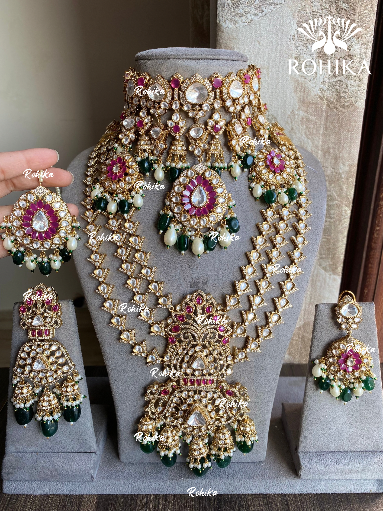 Priksha moisanite polki kundan bridal combo set - Green and Ruby