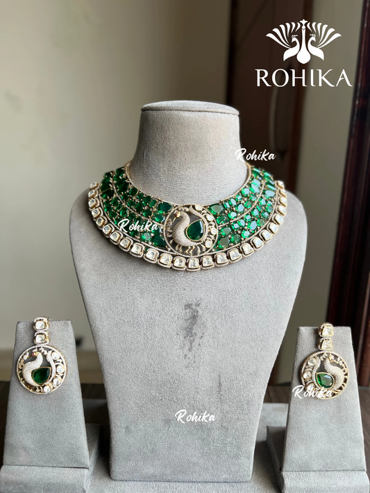 Pankh polki kundan necklace set - Dark Green