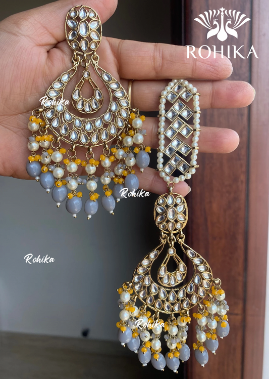 Madhur earrings and maangtikka - Grey