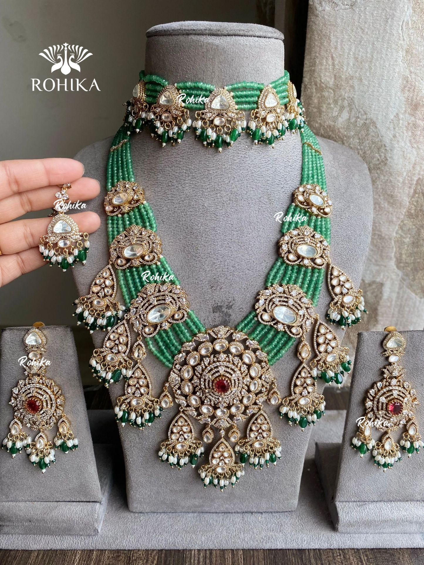 Baela polki kundan bridal combo set - Mint green