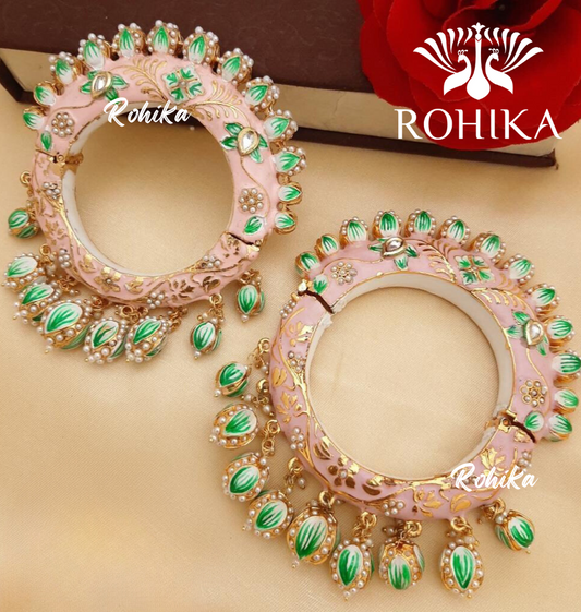 Menaka meenakari bangles - Peach and green