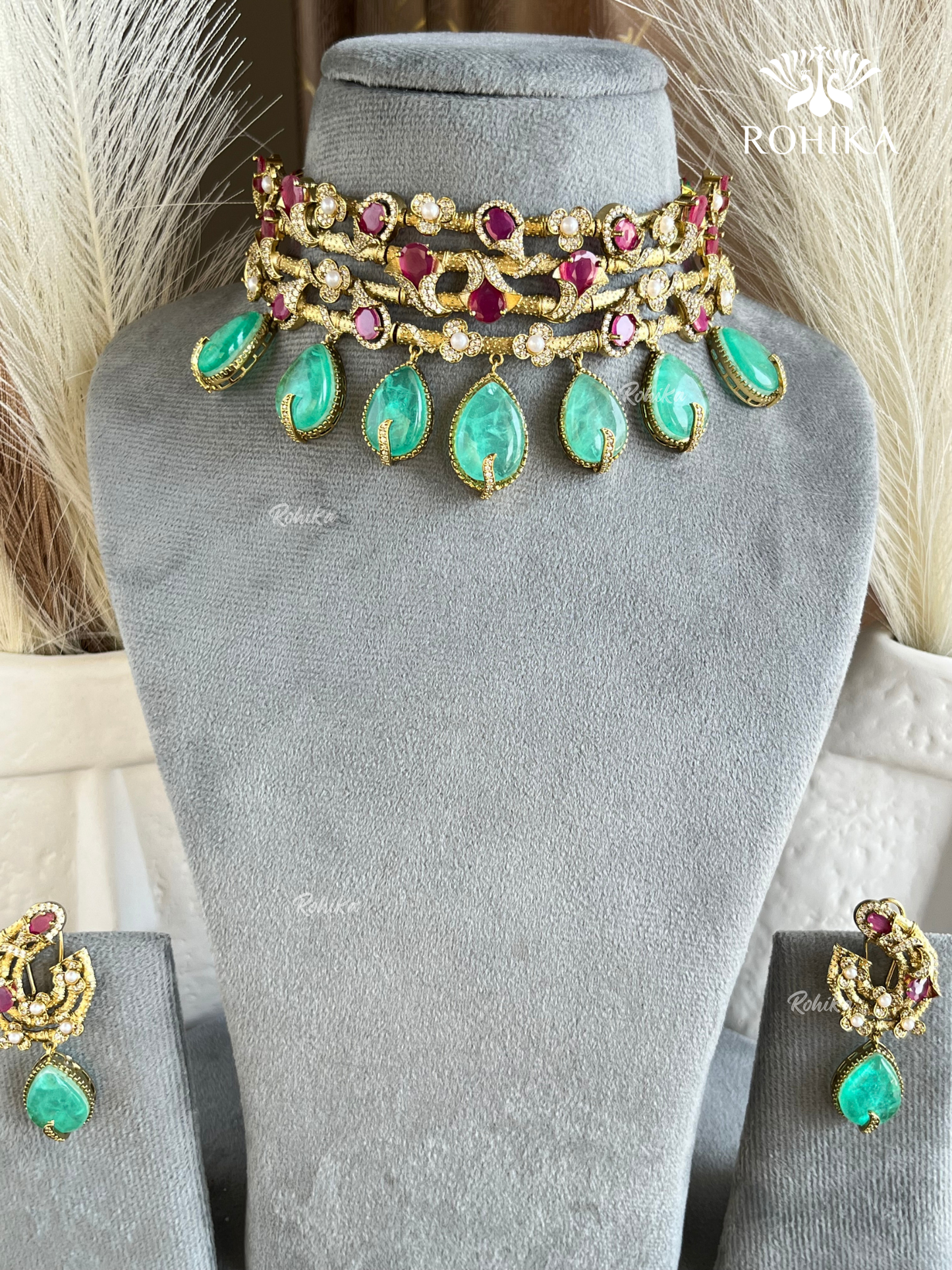 Floral choker set -  Ruby red & mint green