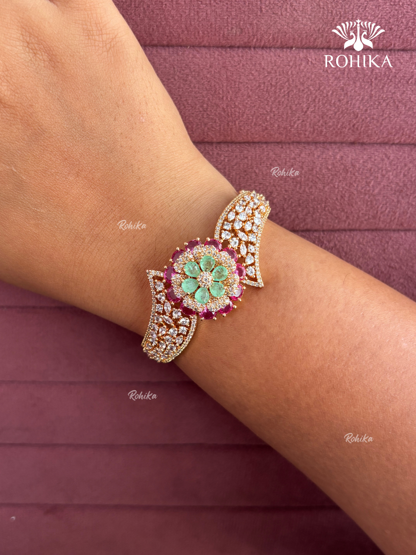 Camila American Diamond Bracelet/Kada (MB-0110) -  Pink And Mint Green