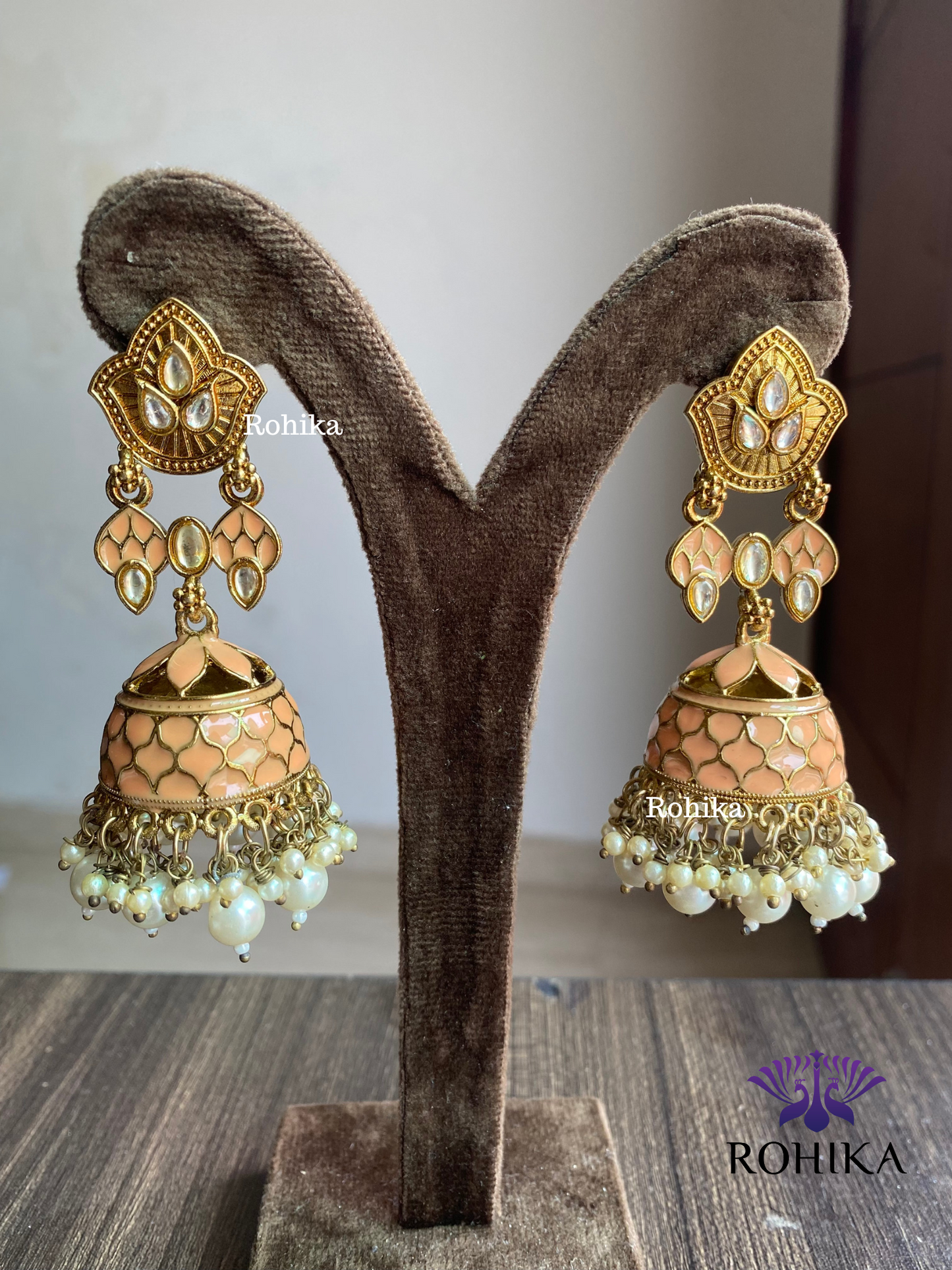 Blossom meenakari jhumka - Peach