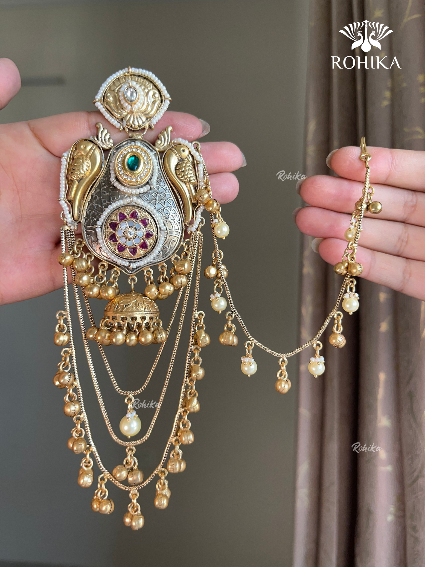 Piya polki  jhumka earrings with earchains(EE-005)- Dark green and Ruby Red