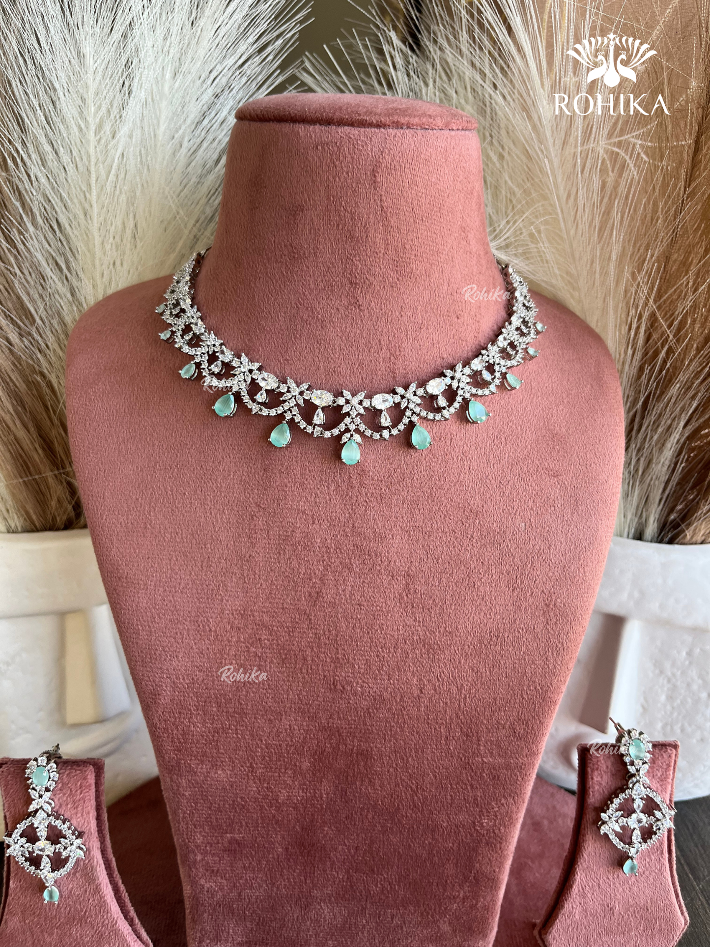 Hinaya American diamond necklace set - Mint green
