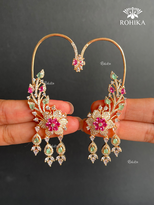 Aashvika American Diamond Earcuff Earrings - Mint Green And Pink