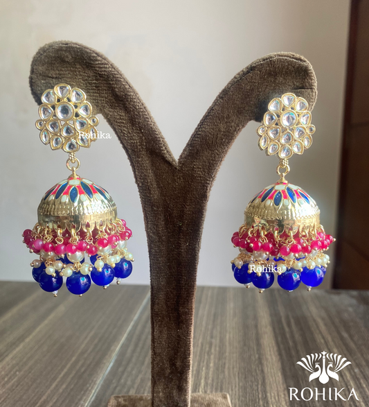 Rashmika jhumka earrings - Pink and dark blue