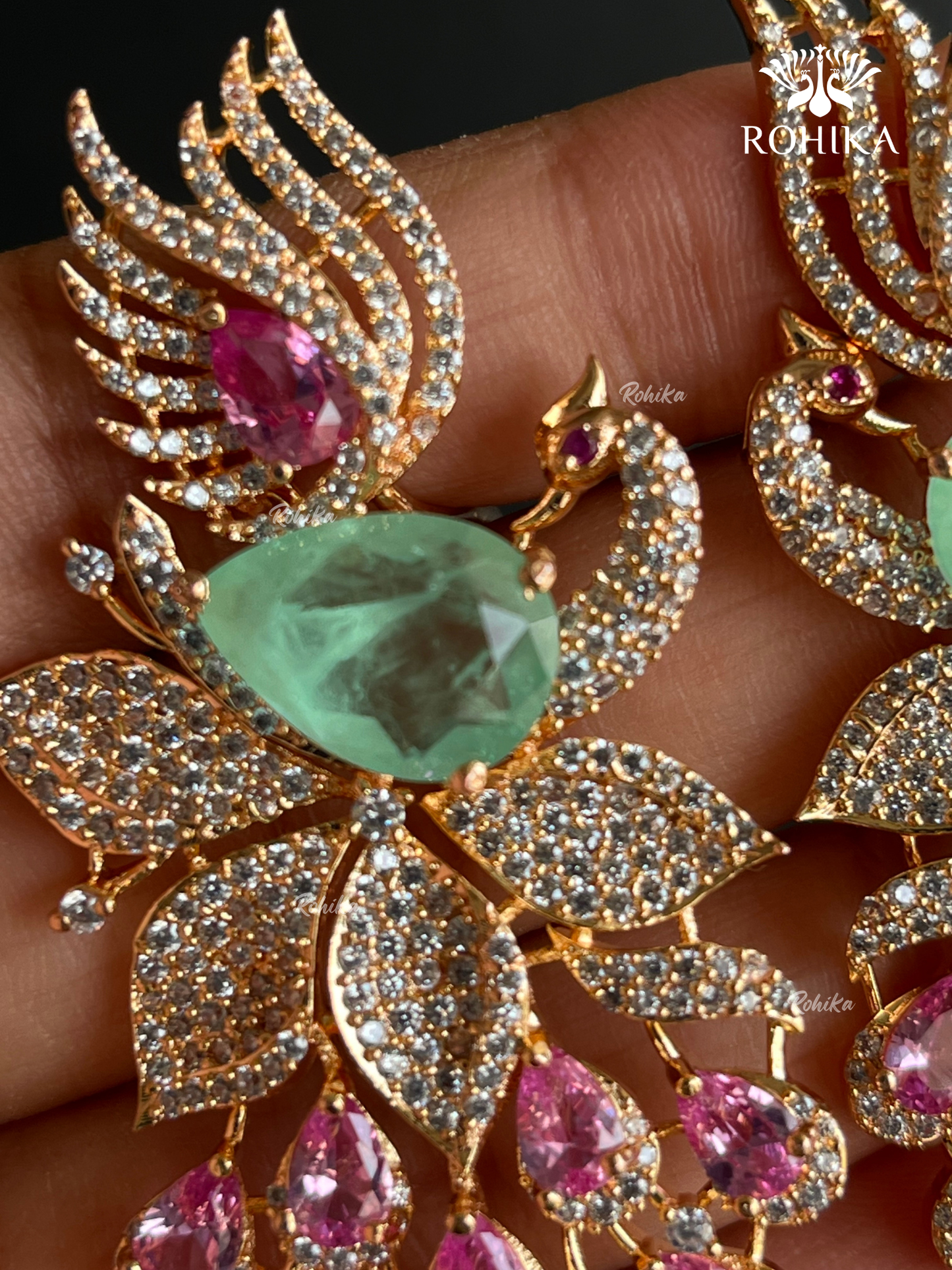 Akruti American Diamond  Earrings - Mint Green And Pink
