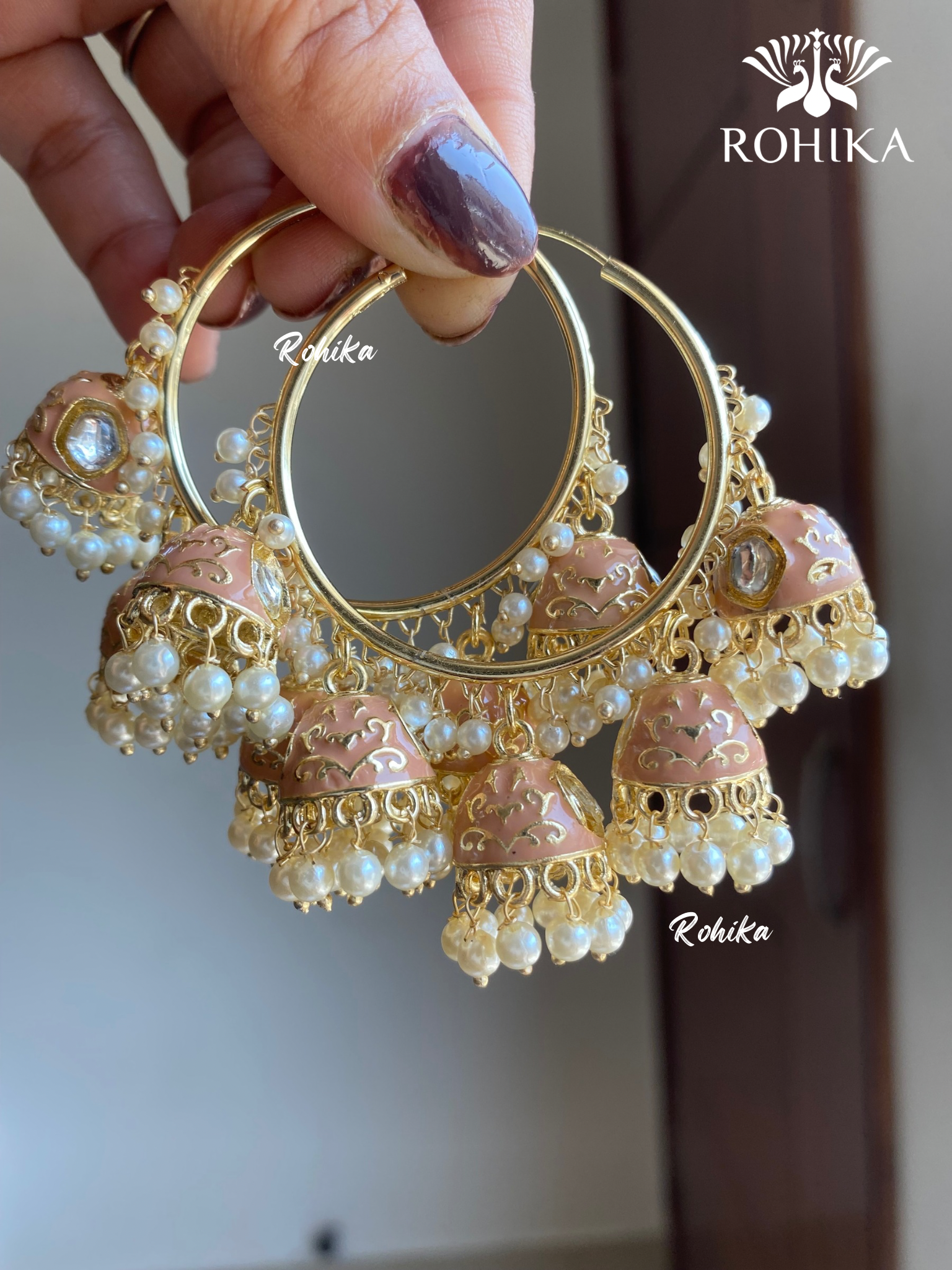 Neena meenakari jhumki bali earrings - Peach