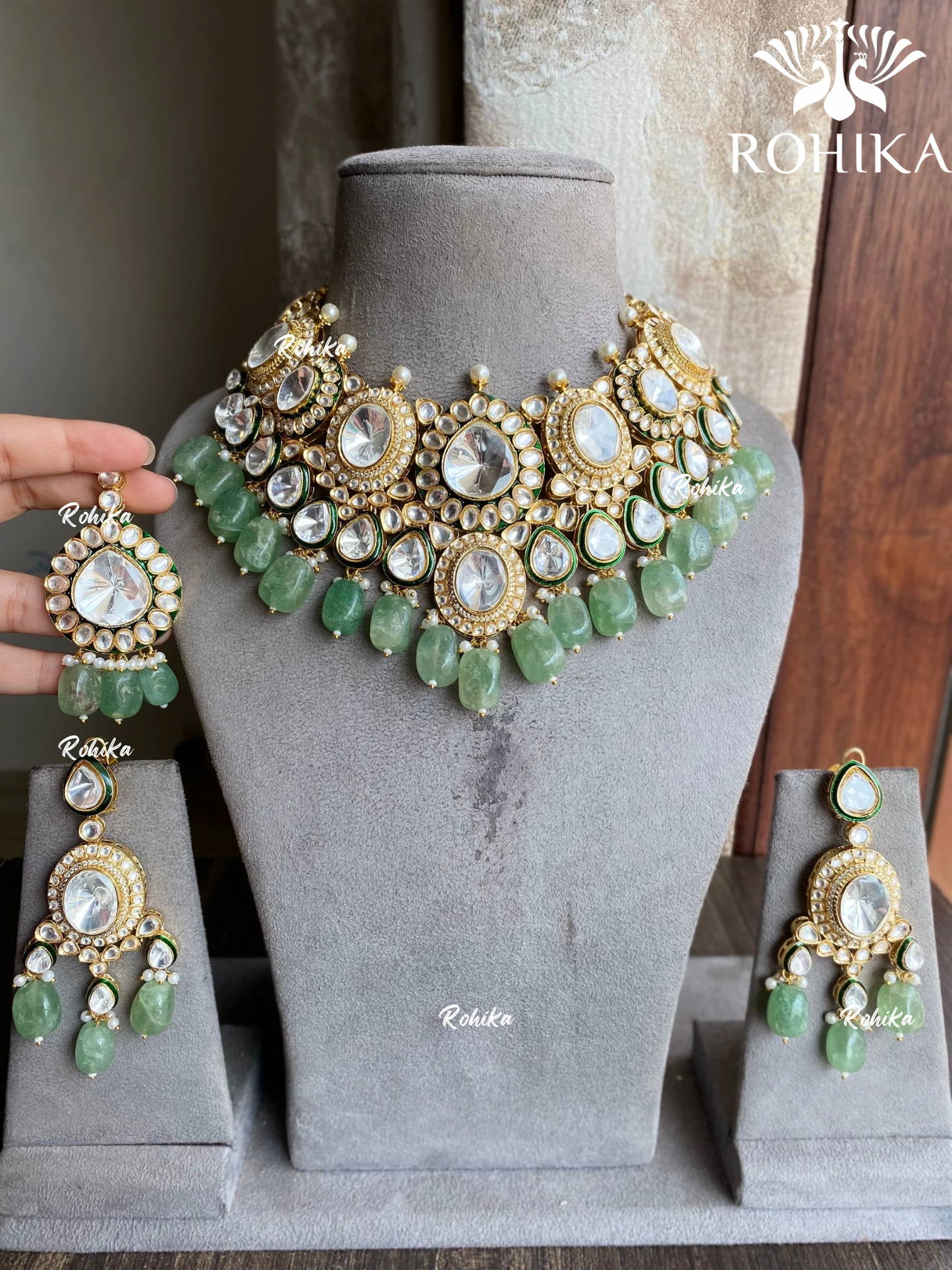 Zayna bikaneri polki kundan choker set - Mint green