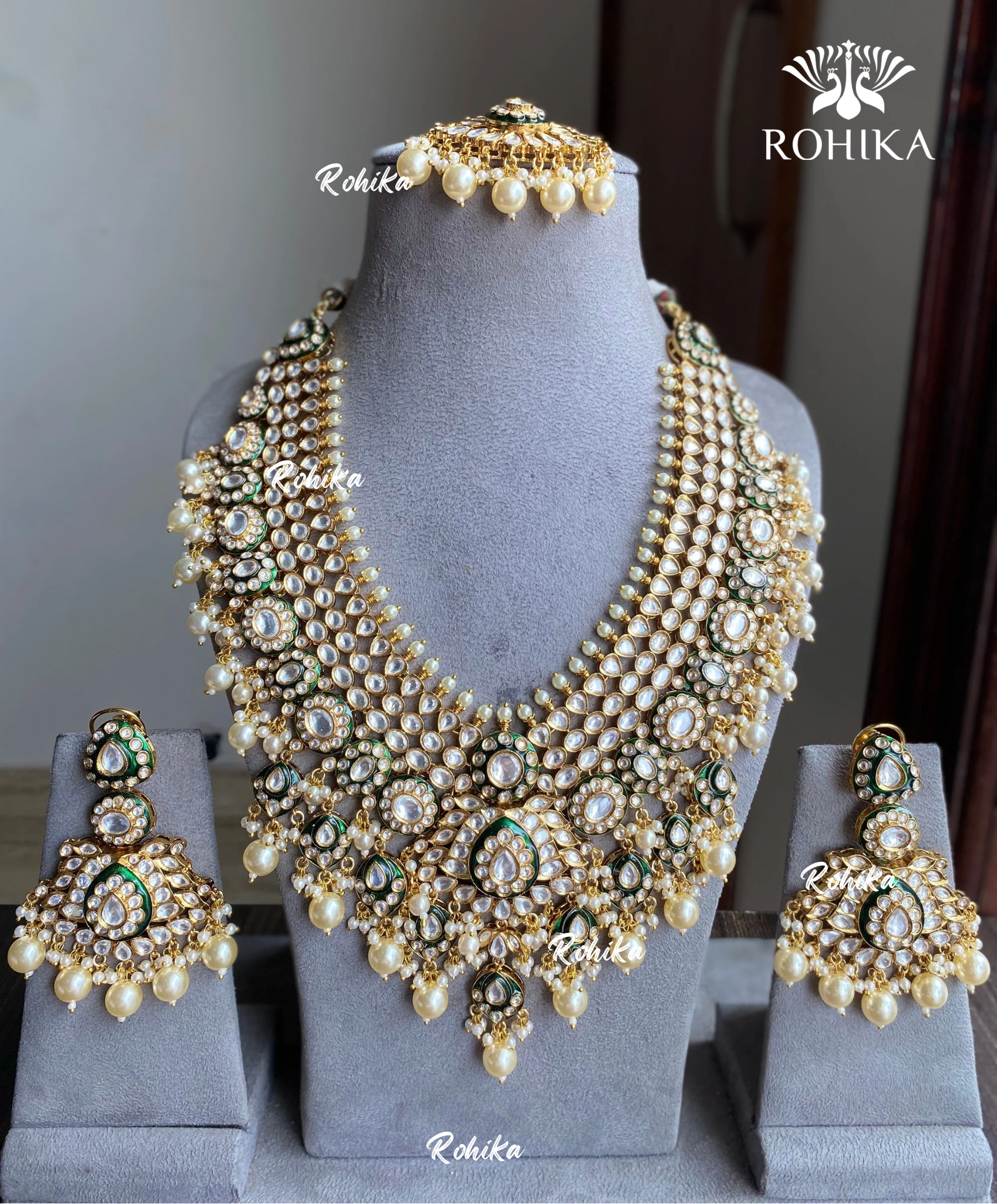 Aangan bikaneri polki kundan long necklace set - Dark Green