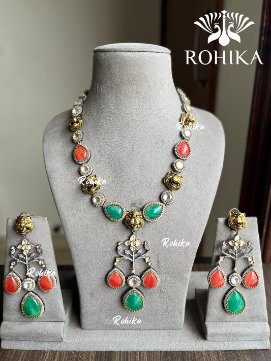 Simha saabya inspired fusion victorian choker set (SS011)- Red and Green