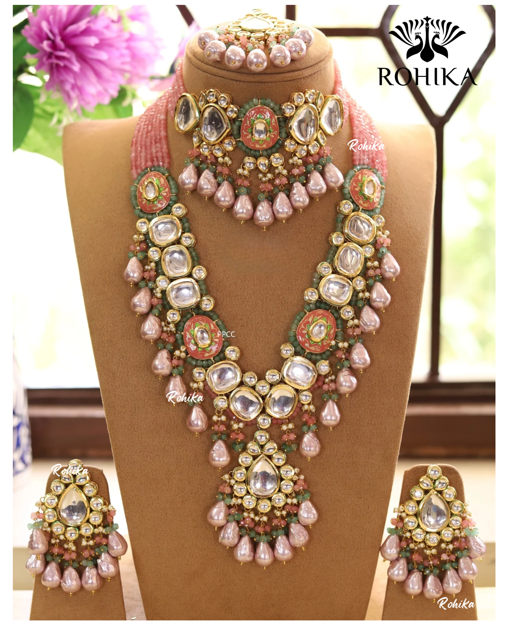 Kalee meenakari kundan bridal combo set - Pink