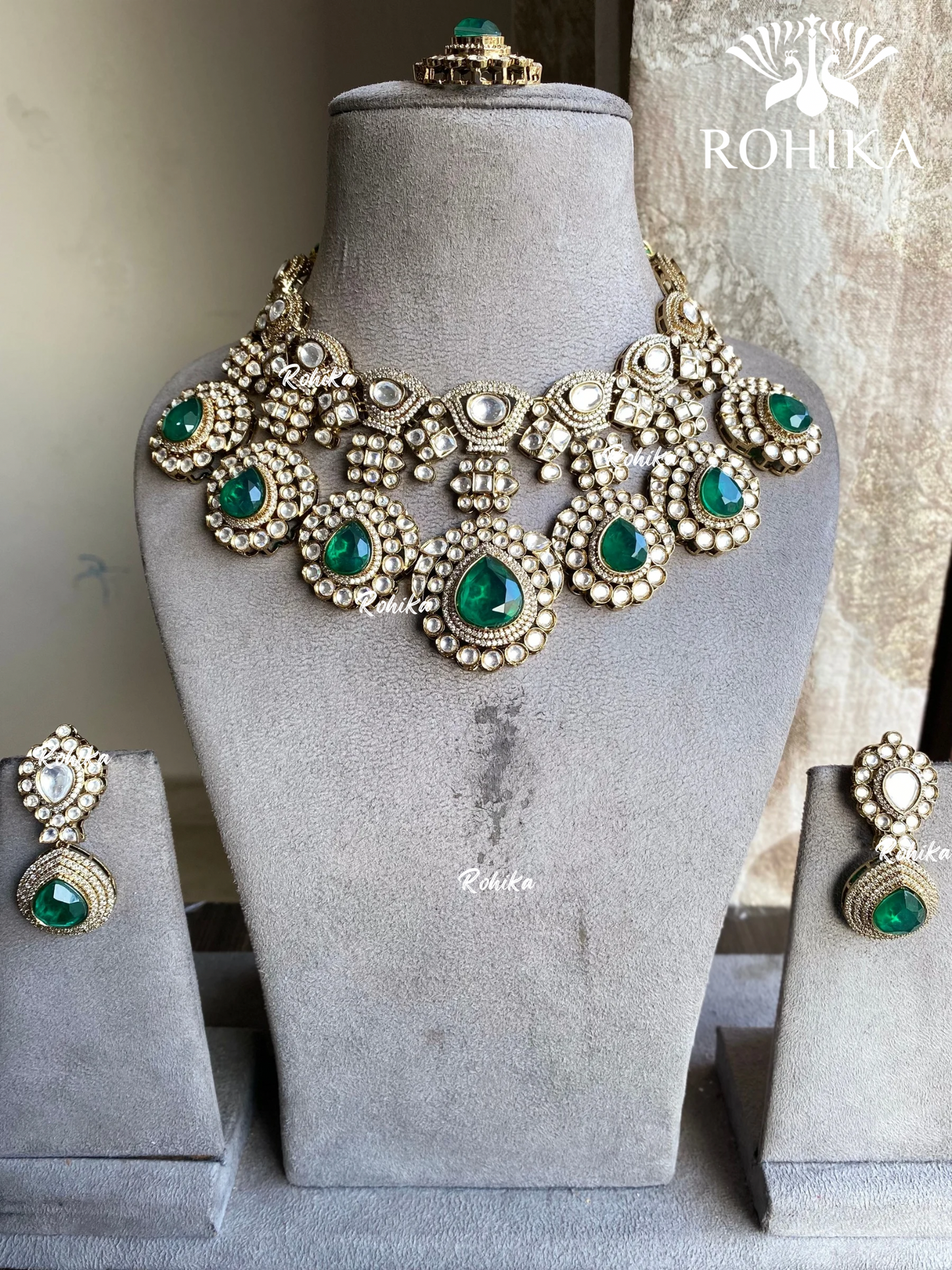 Sheesh doublet polki kunda necklace set - Dark Green