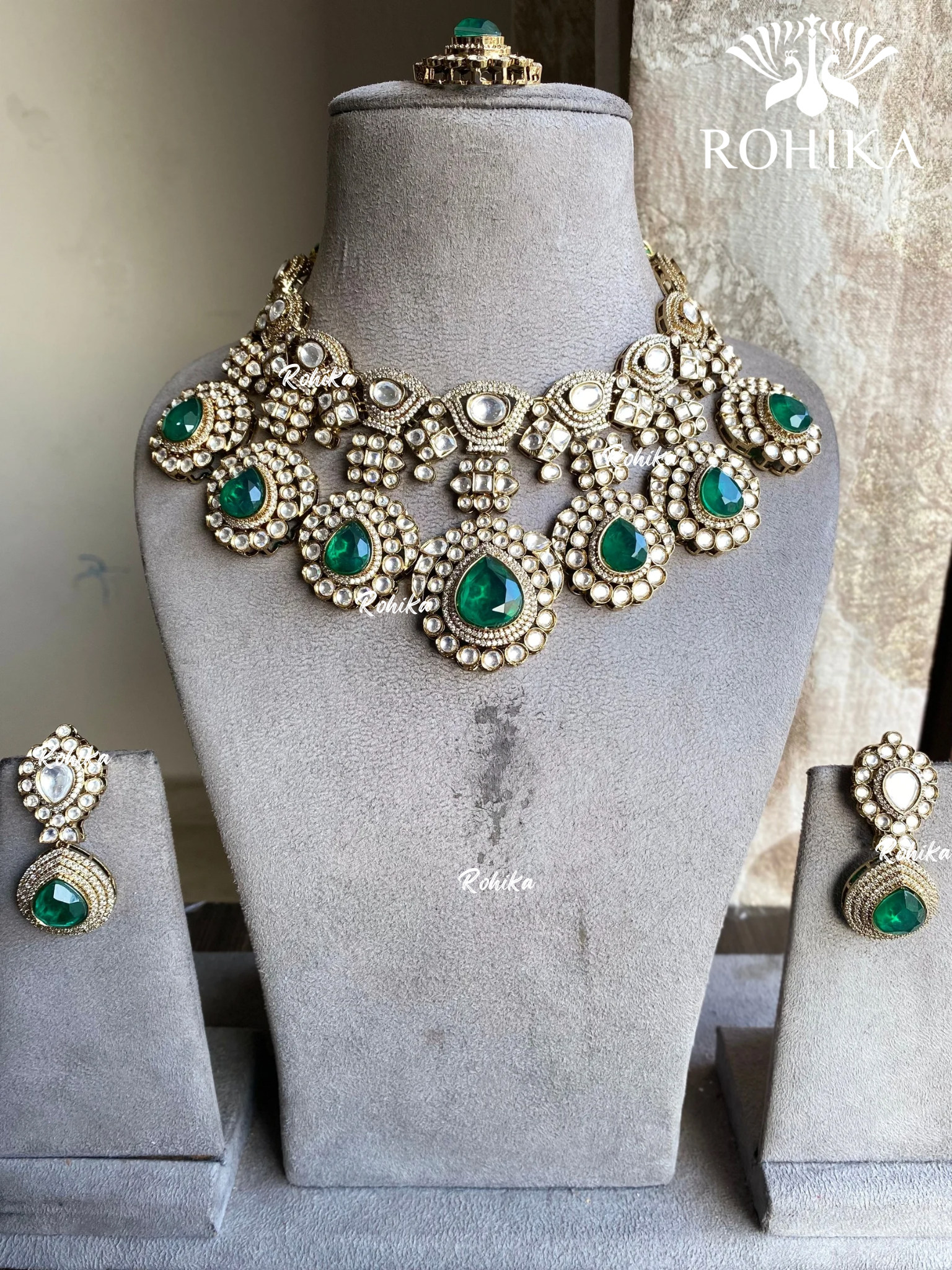 Sheesh doublet polki kunda necklace set - Dark Green