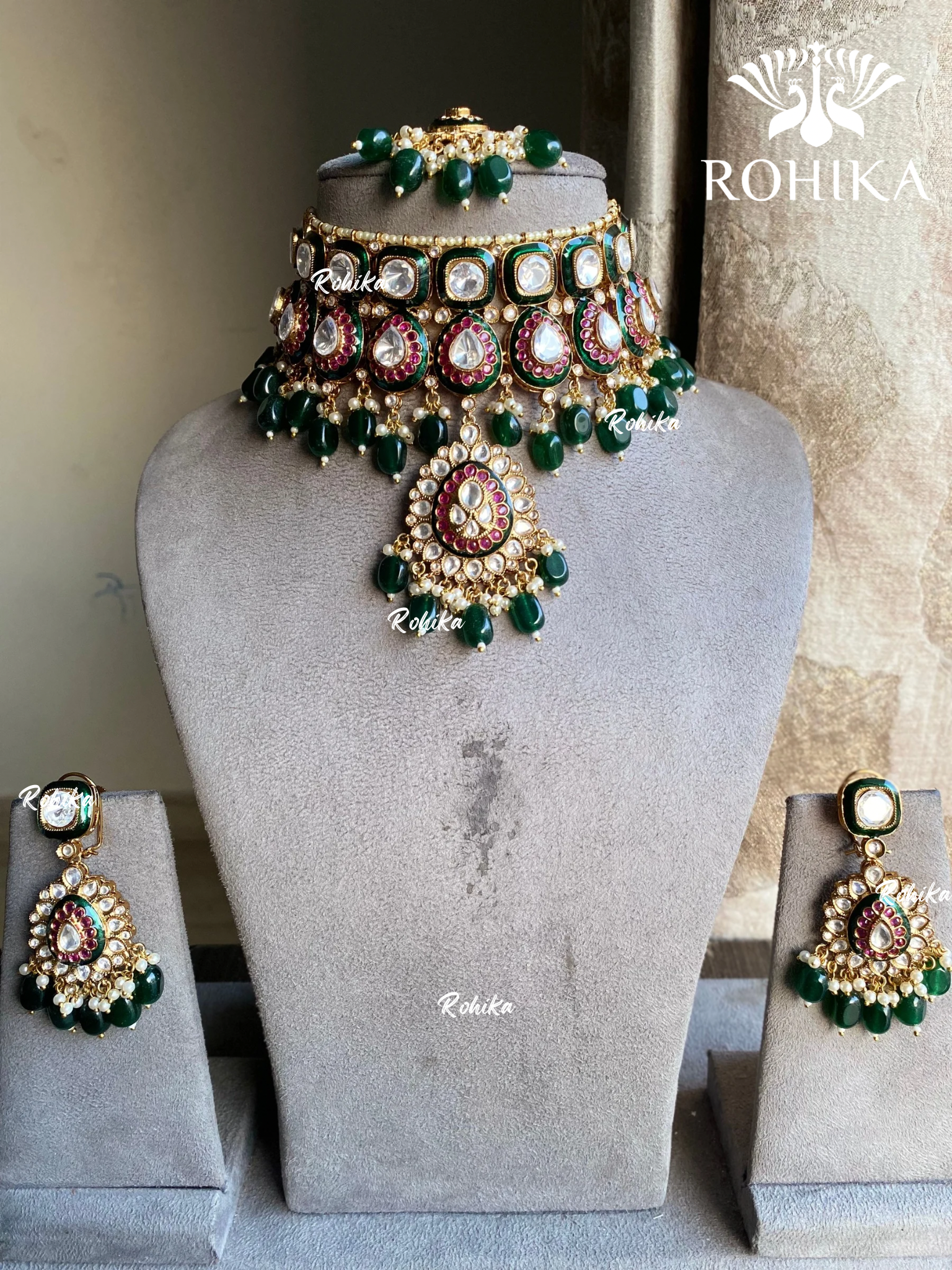 Varsha meenakari polki kundan choker set - Dark Green