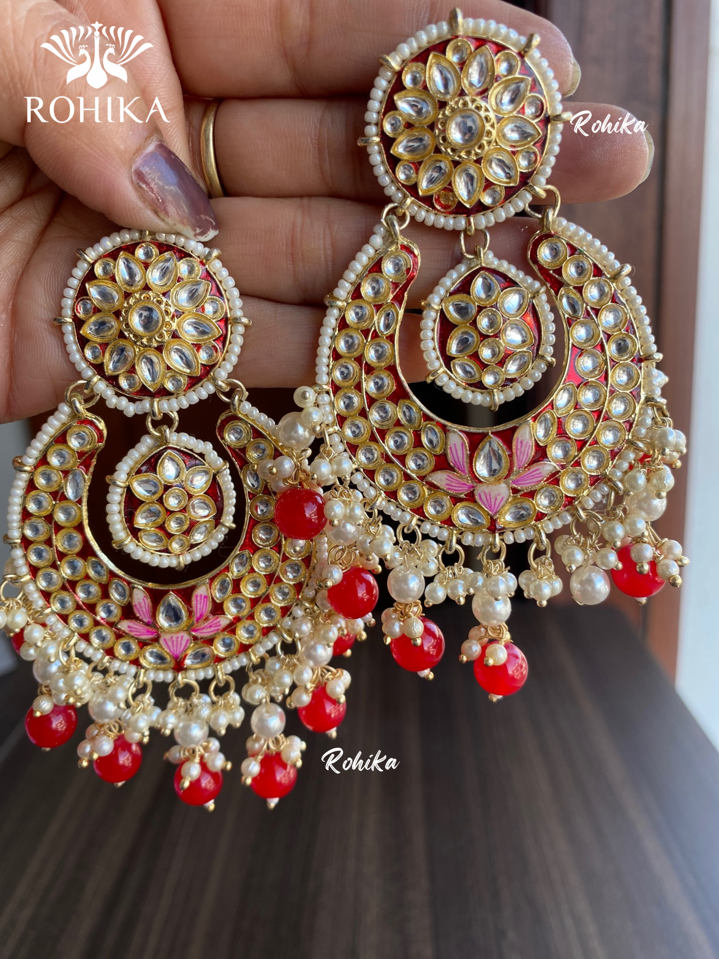 Sudha meenakari chandbali earrings - Red