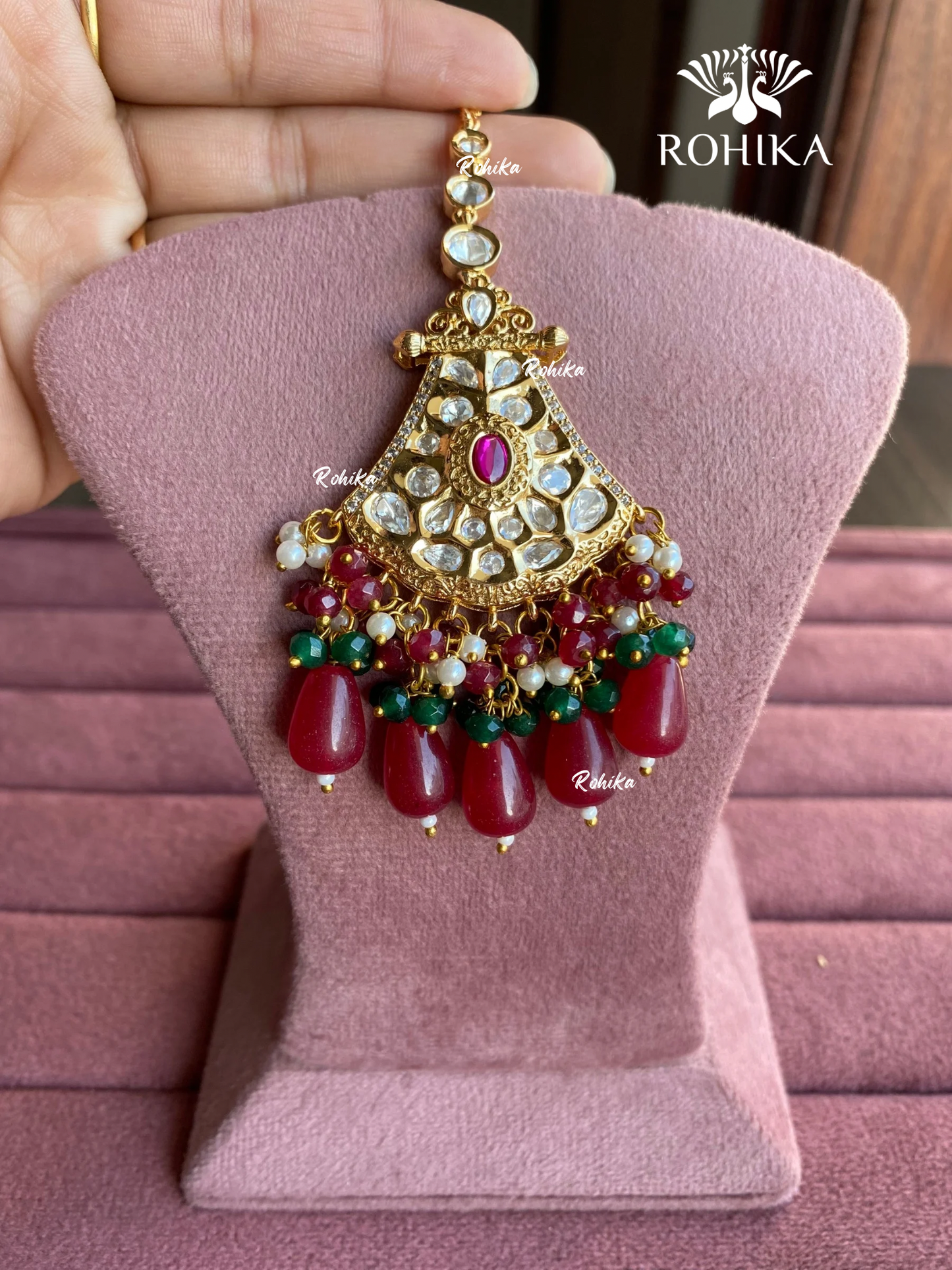 Polki kundan maangtikka (PLKM-039) - Red & green