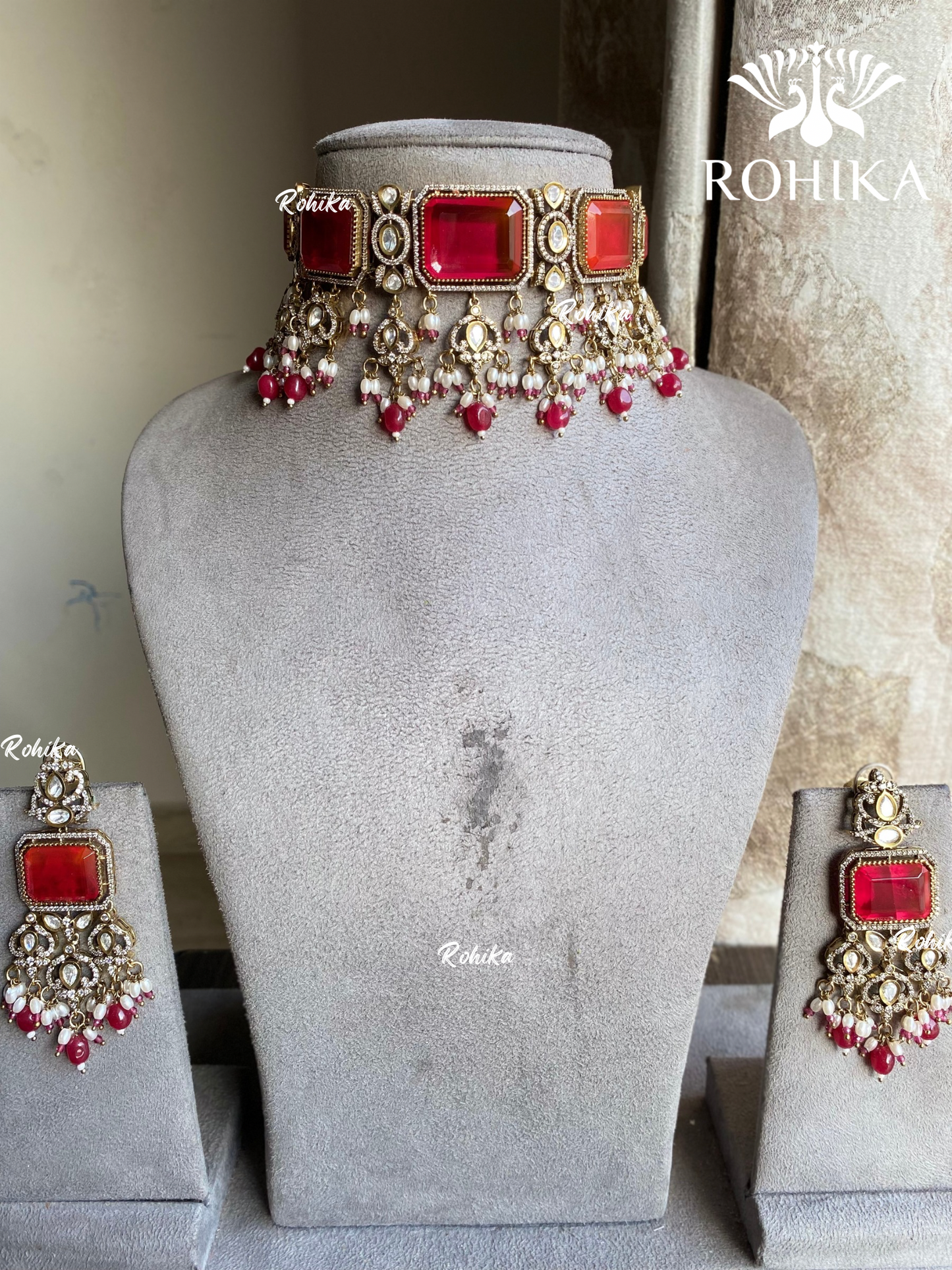 Areesa polki kundan choker set - Red