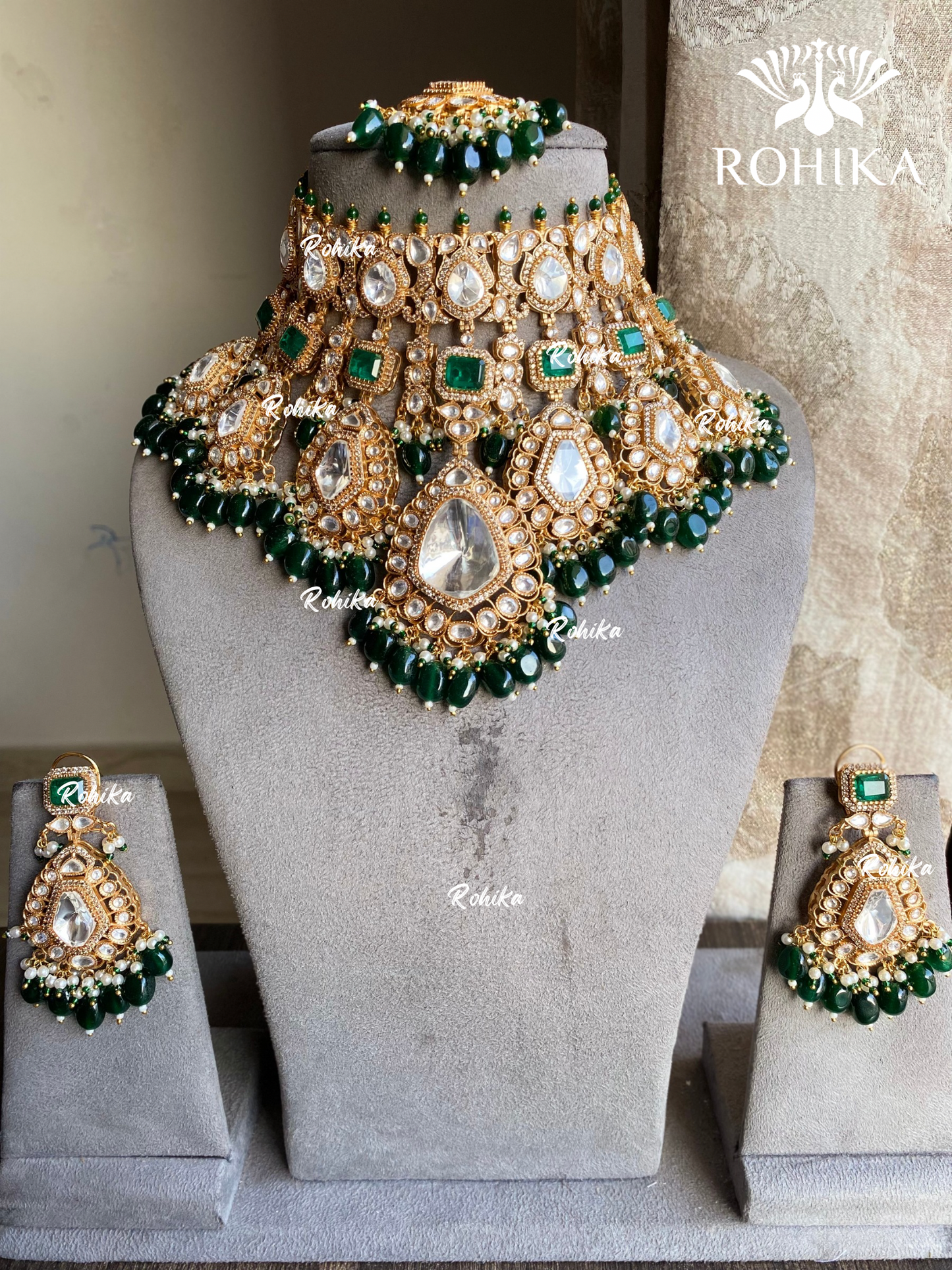 Indrani moisanite bridal necklace set - Dark Green