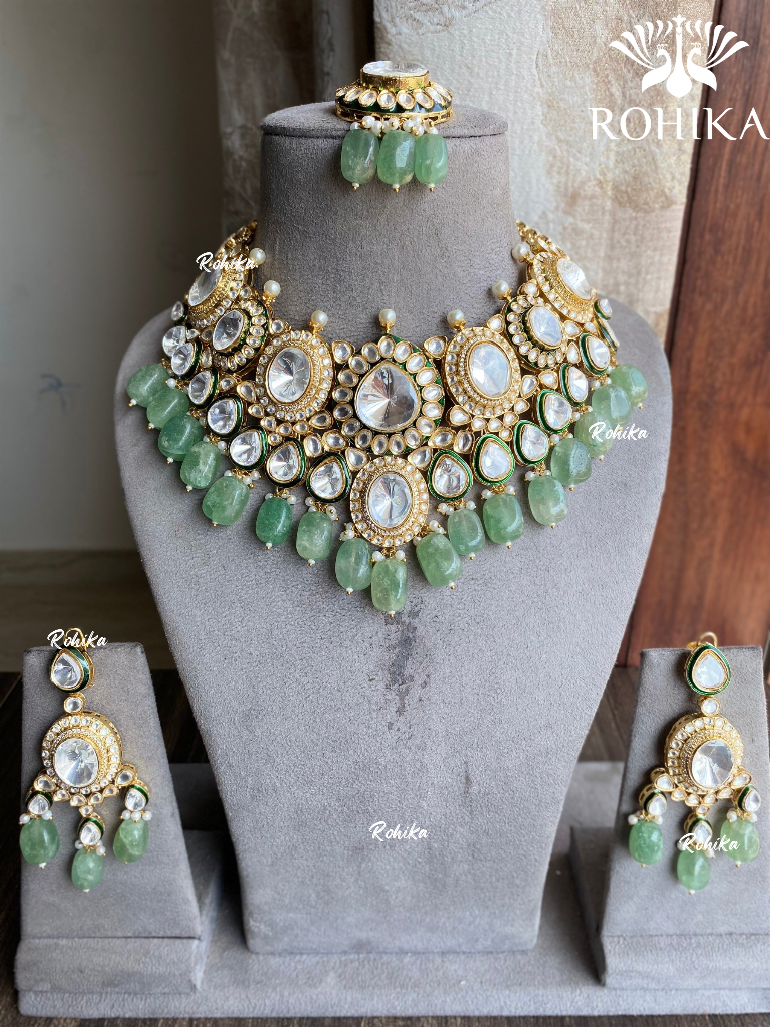 Zayna bikaneri polki kundan choker set - Mint green