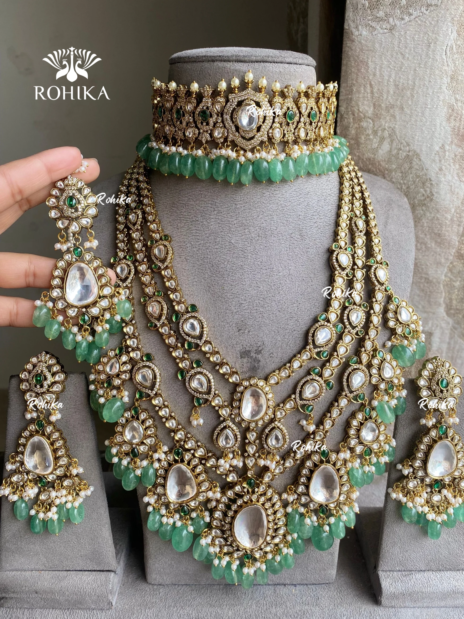 Saanjh polki kundan bridal combo set - Mint green