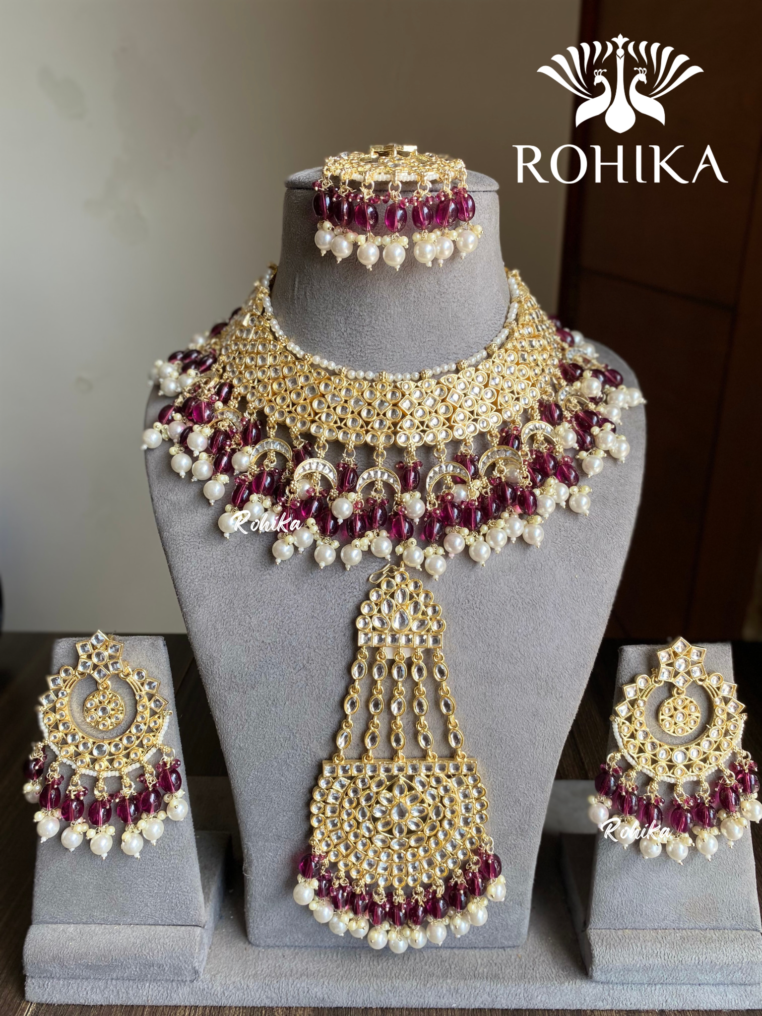 Shaheen Dabi Kundan bridal necklace set - Wine