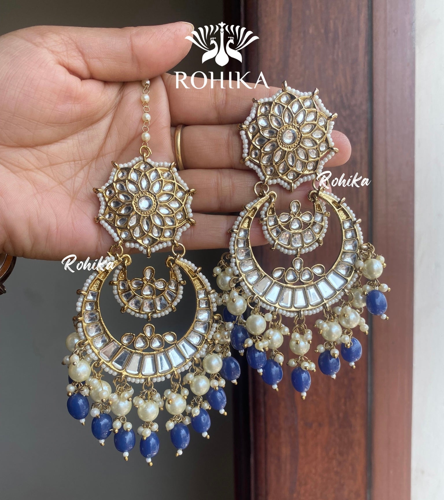 Paakhi earrings and maangtikka combo - Dark blue