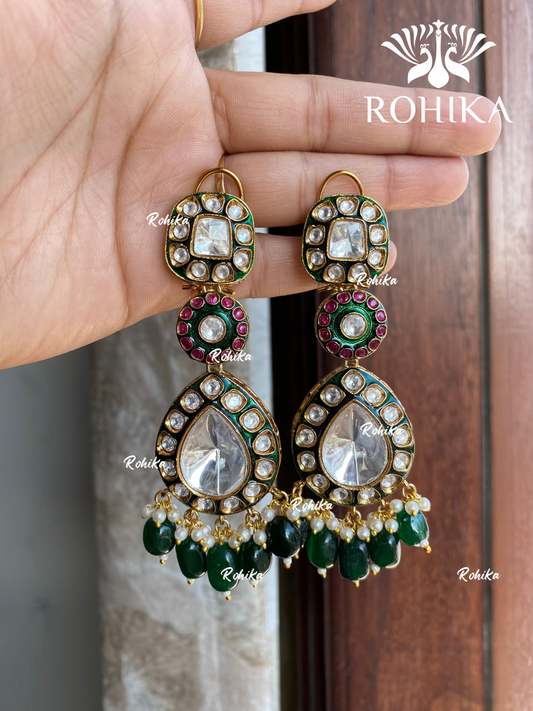 Nia bikaneri kundan earrings - Green & pink