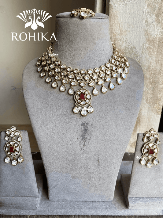 Bindiya moisanite necklace set - Red - Rohika Store