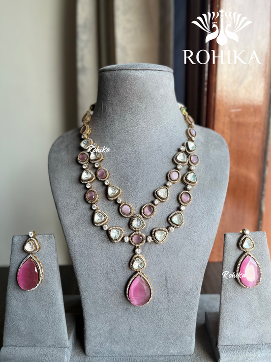 Kala double layer necklace set - Pink