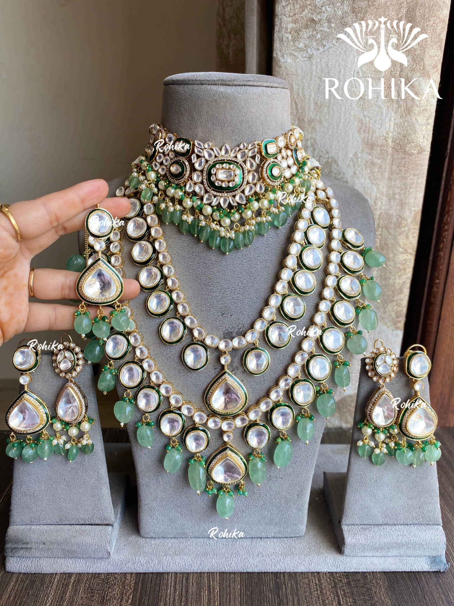 Swar polki kundan bridal combo set - Mint green