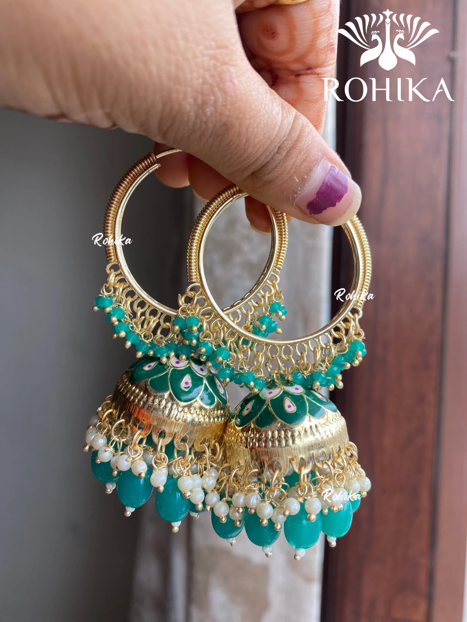 Noor jhumka bali earrings - Green