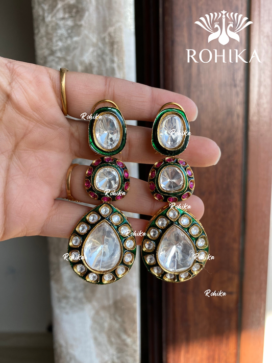 Dhara bikaneri kundan earrings - Green & pink 